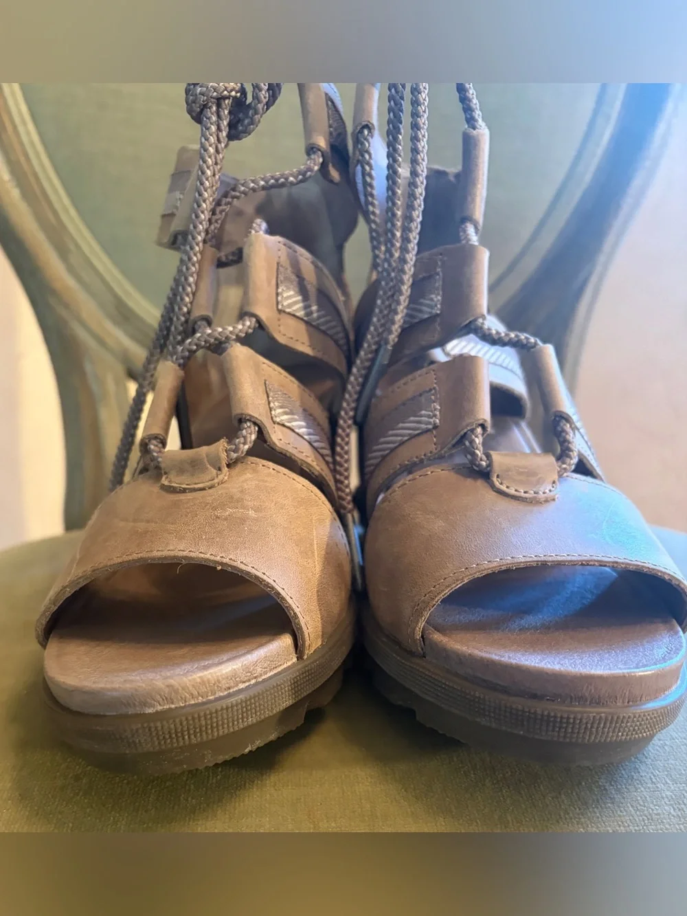 Sorel Joanie II $150 NWT Lace Up Comfort Wedge Sandals 9 Brown Suede